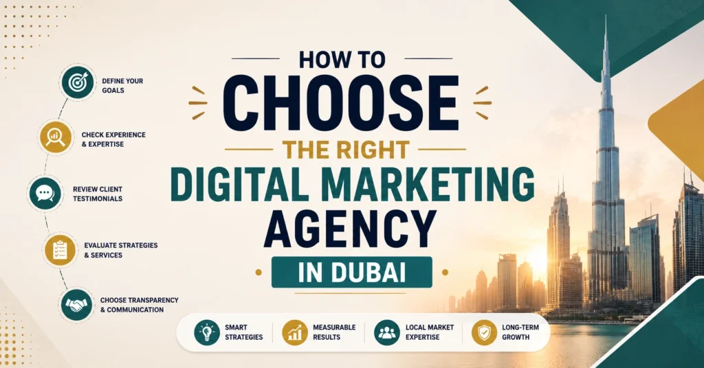 'How to Choose the Right Digital Marketing Agency in Dubai' centered in bold typography, featuring a Dubai skyline, digital marketing icons, and a clean corporate design in teal, navy, and gold tones."