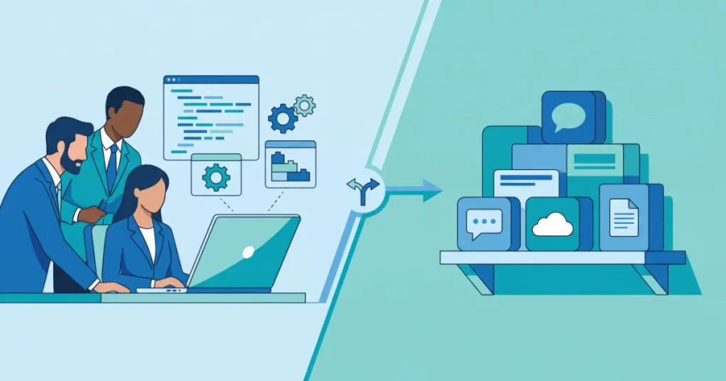 Illustration comparing custom software development and off-the-shelf tools for UAE businesses in 2026
