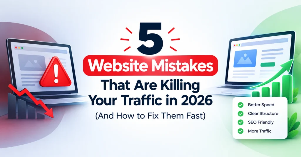 “5 website mistakes that are killing your traffic in 2026, with warning and growth graphics highlighting better speed, clear structure, SEO-friendly design, and more traffic.”