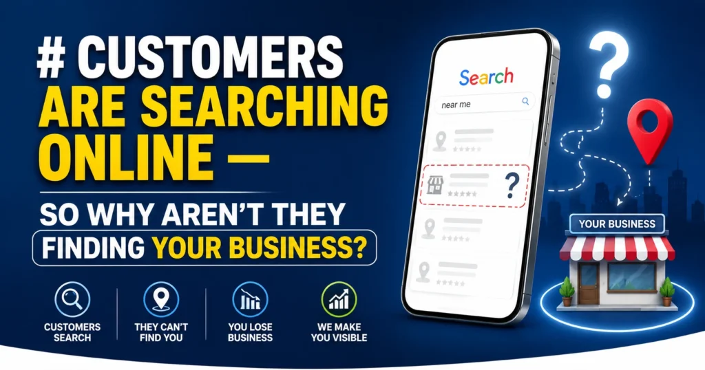 Digital marketing banner showing customers searching online on a smartphone, a missing business listing, a question mark, and a storefront representing a business that customers can’t find online.